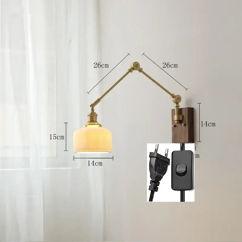 Brass-finished adjustable wall lamp with ribbed cream glass shade and wooden base for bedroom decorbites copper wall lamp