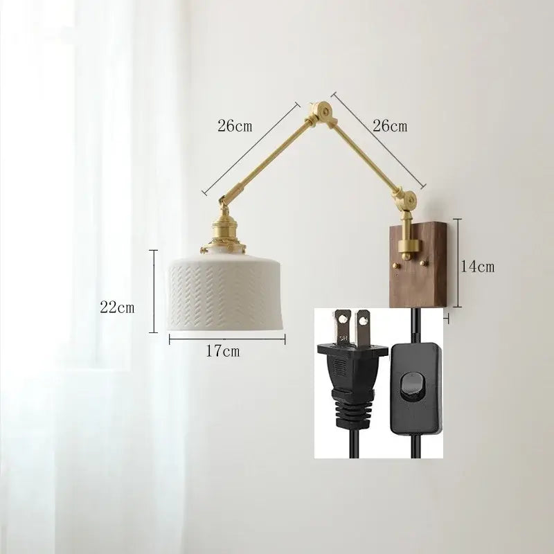 Nordic copper wall lamp with brass finish adjustable arm white ceramic shade and wooden backplate for bedroom decorbites copper wall lamp