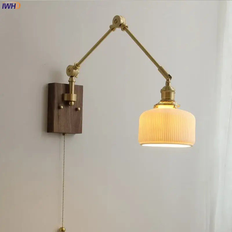 Brass-finished adjustable nordic copper wall lamp with ribbed cream glass shade and dark wood backplate for bedroom decorbites copper wall lamp