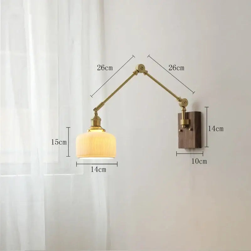 Brass-finished adjustable wall lamp with ribbed warm-toned glass shade and dark wood backplate for bedroom decorbites copper wall lamp