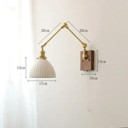 Nordic copper wall lamp with cream ribbed ceramic shade brass arms and dark wood backplate for bedroom decorbites copper wall lamp