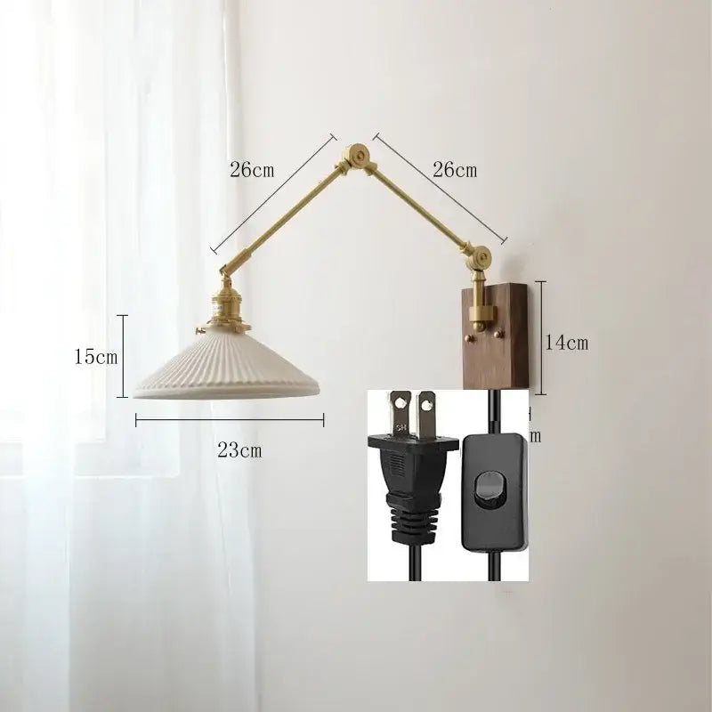 Nordic copper wall lamp with brass adjustable arm cream ribbed glass shade and wooden backplate for bedroom decorbites copper wall lamp