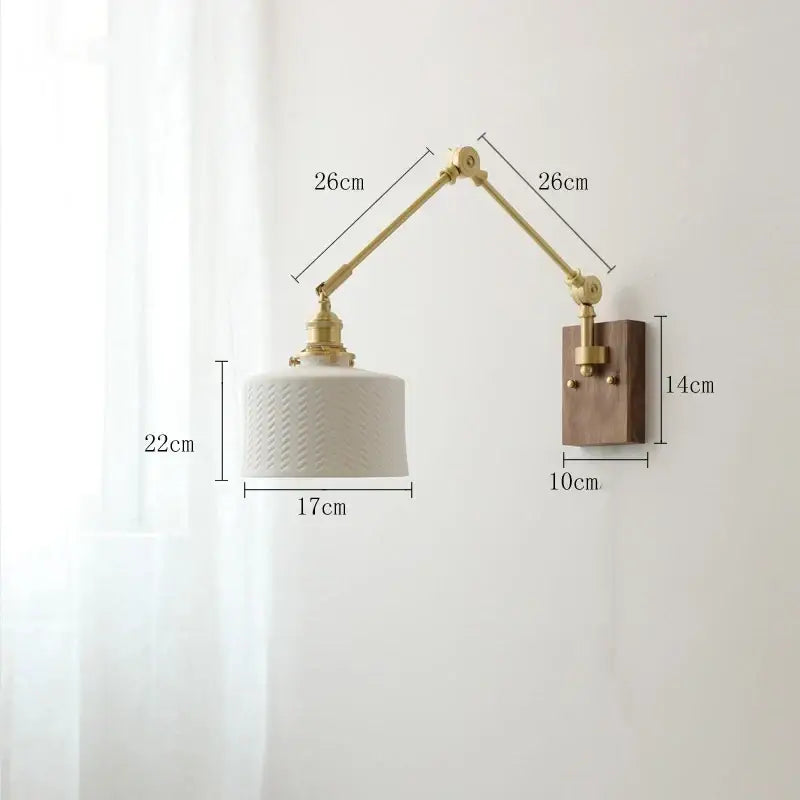 Nordic copper wall lamp with white ceramic textured lampshade and adjustable brass arm mounted on wood backplate for bedroom decorbites copper wall lamp
