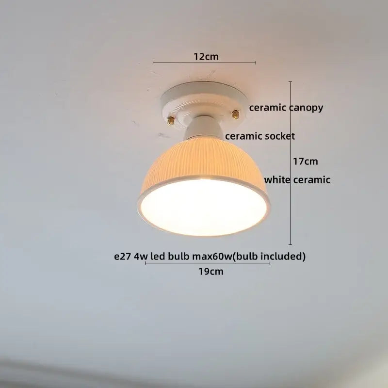 Nordic cream ceramic led ceiling light with ribbed warm-toned shade and e27 led bulb for bedroom decorbites ceramic led fixture