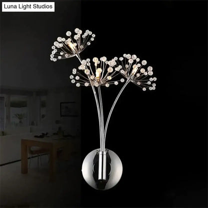 Chrome finished nordic creative crystal wall lamps with three clear crystal bead flower clusters for bedroom lighting