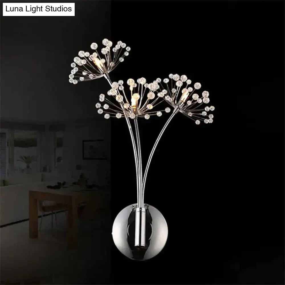 Chrome finished nordic creative crystal flower wall lamps with three clear crystal bead clusters for bedroom lighting