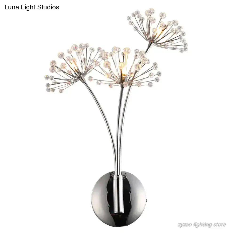 Chrome finished table lamp with three clear crystal bead clusters on slender stems for nordic creative crystal wall lamps