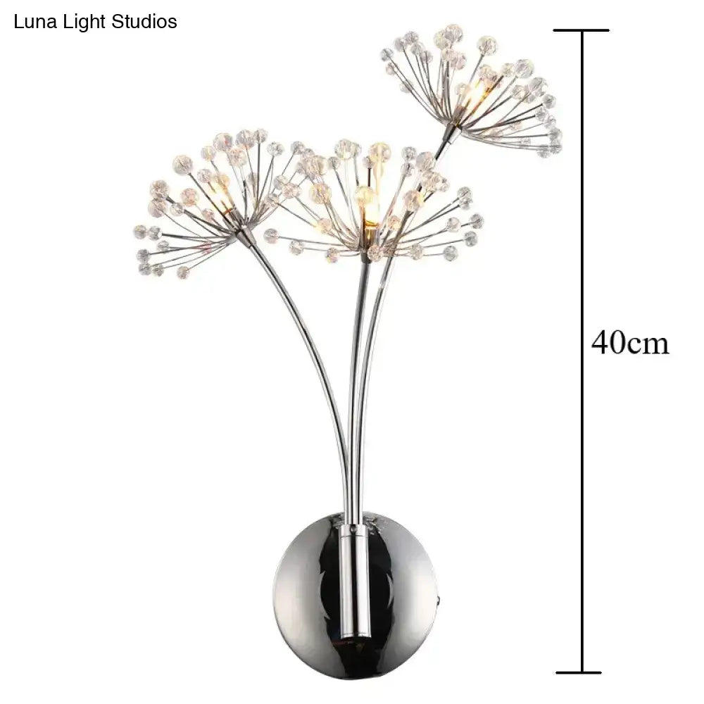 Chrome finished nordic creative crystal wall lamp with three dandelion clear crystal flower clusters for bedroom
