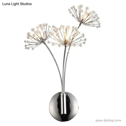 Chrome finished wall lamp with three clear crystal bead clusters and exposed bulbs Nordic creative crystal flower design