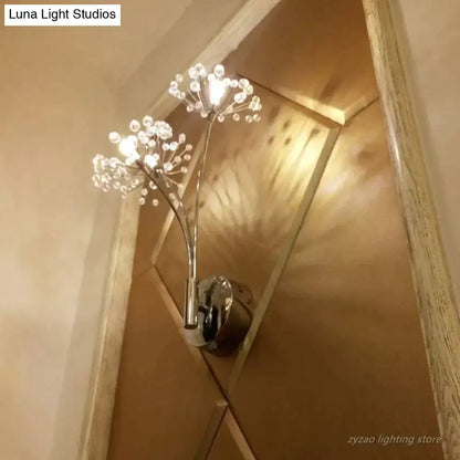 Chrome finished nordic creative crystal wall lamps with two branching arms and clear crystal flower spheres for bedroom use