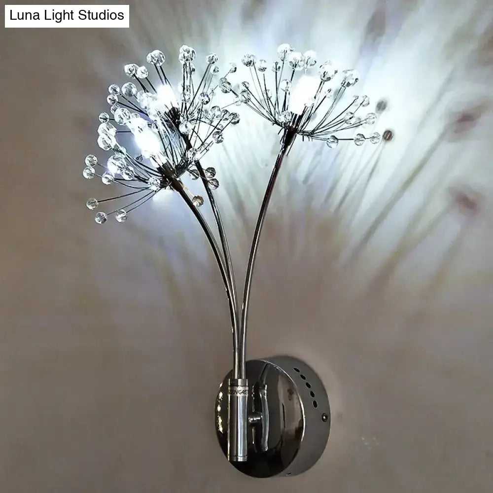 Chrome finished nordic creative crystal wall lamps with two dandelionlike clear crystal flower clusters for bedroom