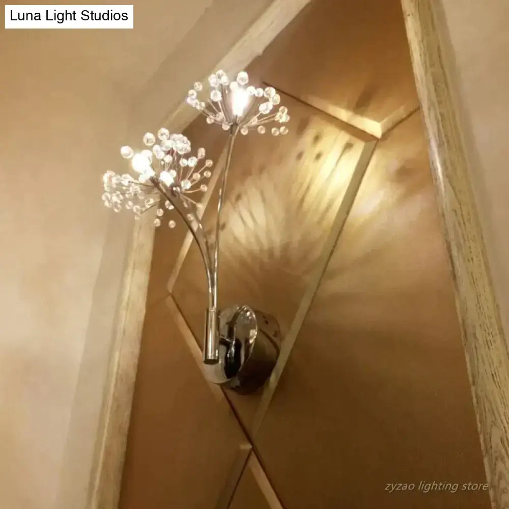 Silver-toned nordic creative crystal wall lamp with spherical accents in a flower-inspired branching design for bedroom use