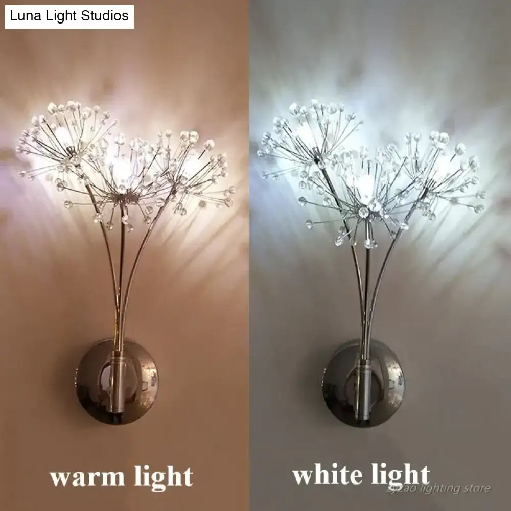 Silver dandelion-style nordic creative crystal flower wall lamp with polished metal base and crystal-like beads for bedroom use