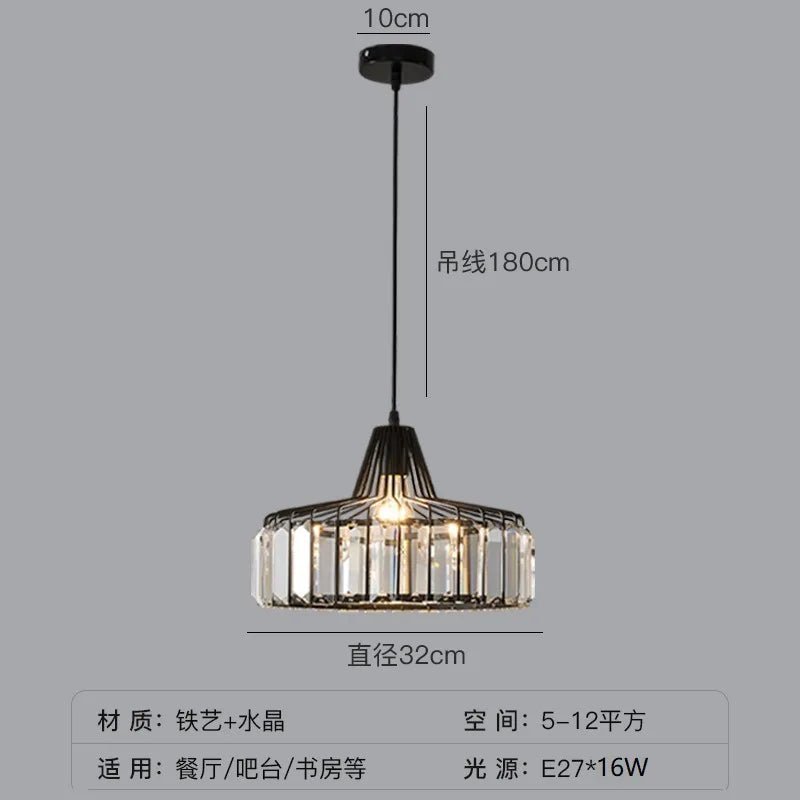 Nordic Crystal Round Pendant Light in Black Iron - Decorbites