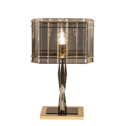 Nordic crystal table lamp with faceted gold-toned base brass accents and rectangular translucent glass shade for bedroom