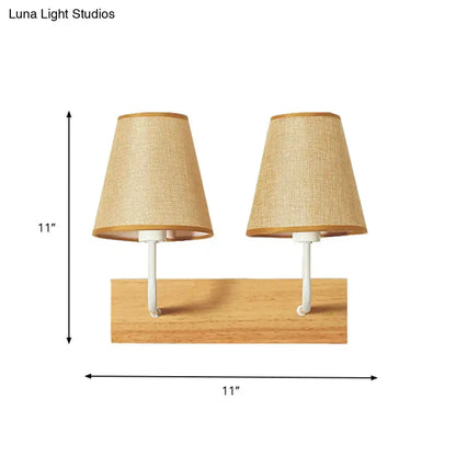Pair of beige woven flaxen and wood bedroom wall sconce led incandescent light mounted on a white wall fixture