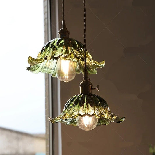 Nordic Flower Glass Pendant Light in Green or Champagne - Decorbites