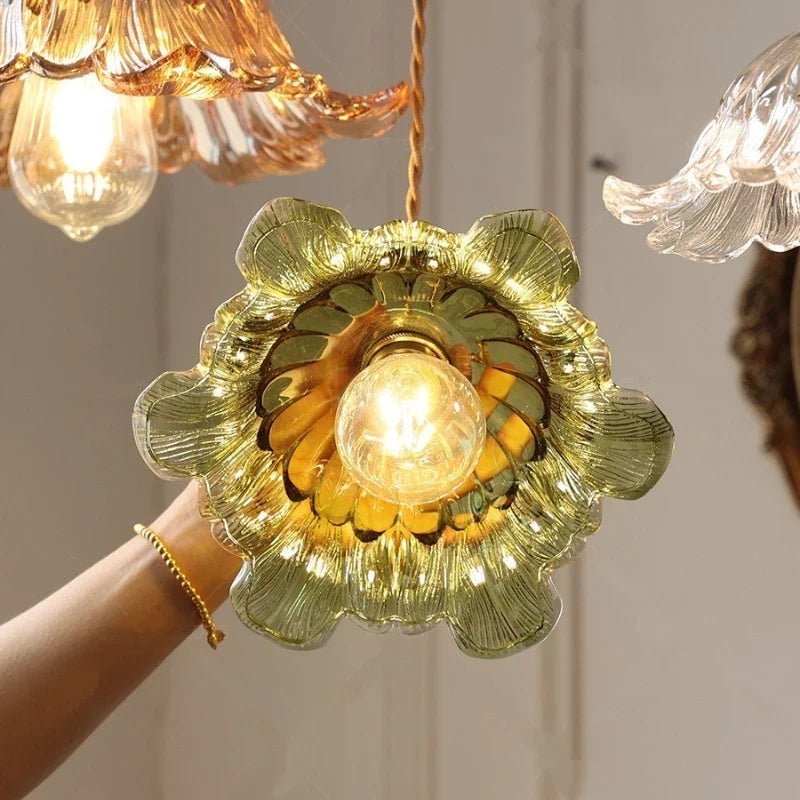 Nordic Flower Glass Pendant Light in Green or Champagne - Decorbites