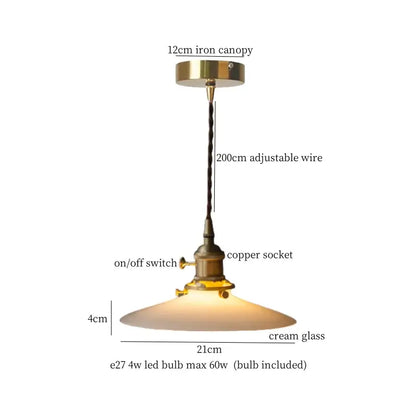 Nordic frosted glass led pendant lamp with brass iron canopy copper socket and cream glass shade for bedroom lighting