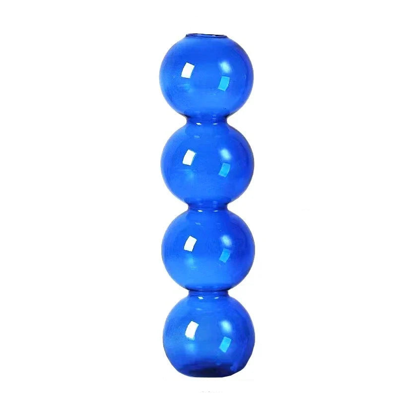 Nordic glass bubble vase in translucent cobalt blue glass with four stacked spherical segments for desk decor