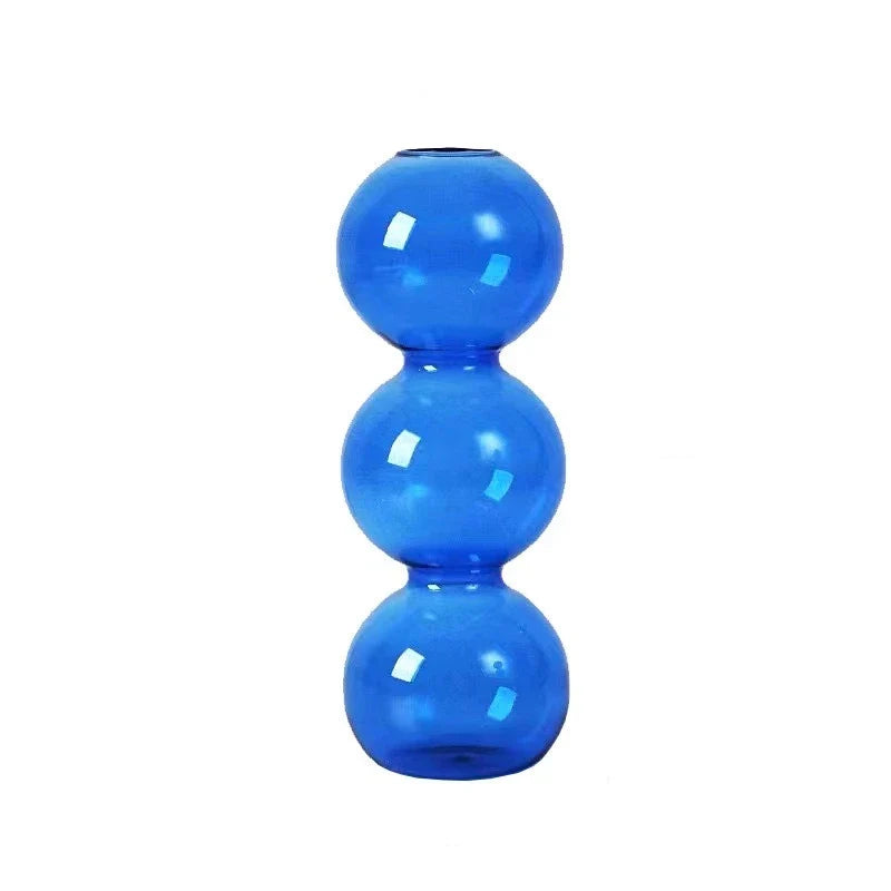 Vibrant cobalt blue glass nordic bubble vase with three stacked spheres ideal for hydroponic planter and decor
