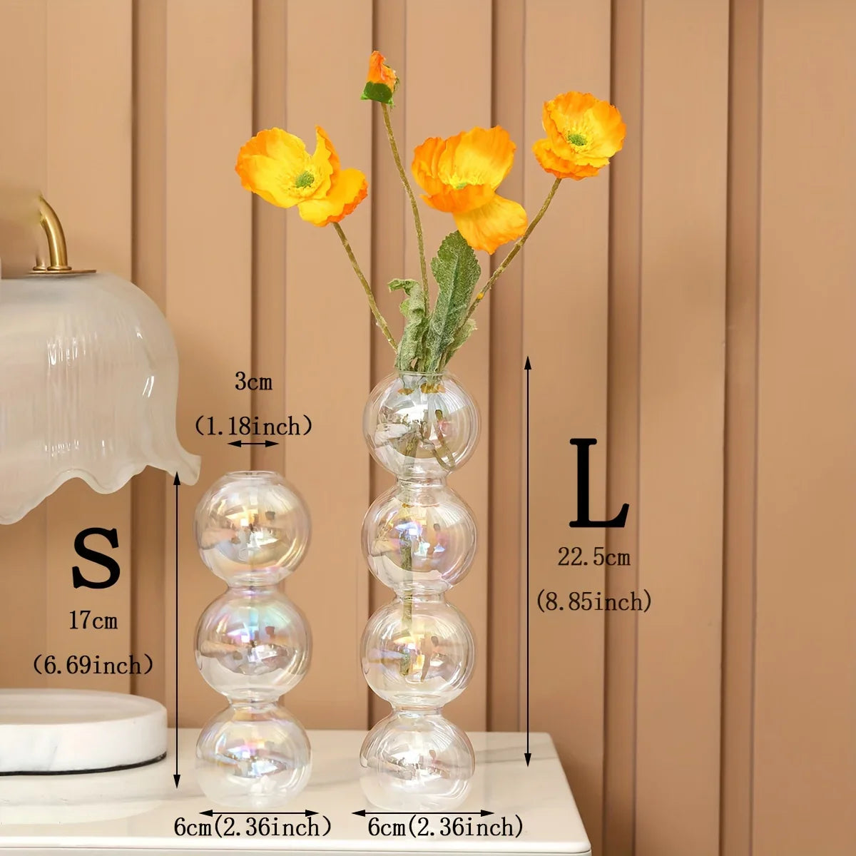 Clear glass nordic bubble vase with stacked spherical segments and iridescent finish for hydroponic planter use