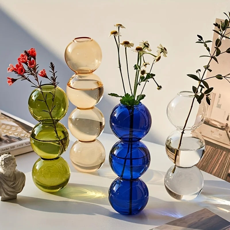 Stacked vibrant green amber and royal blue Nordic glass bubble vases clear hydroponic planter for home desk decor