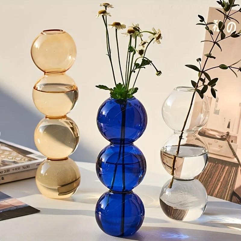 Nordic glass bubble vase in clear blue glass with stacked spherical segments for hydroponic planter and home decor