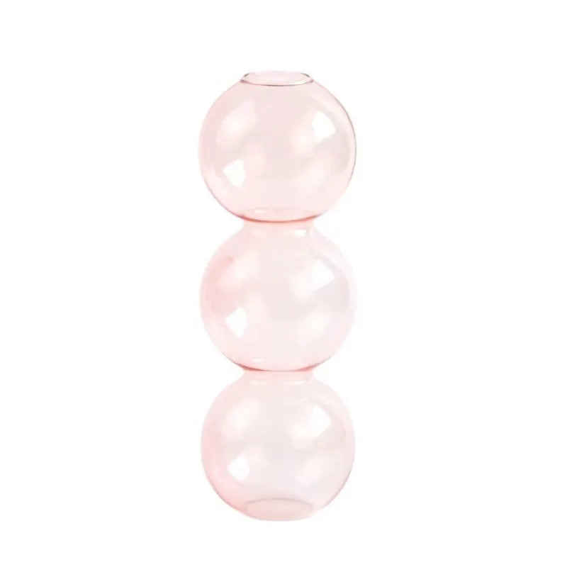 A translucent pink Nordic glass bubble vase made of three stacked spheres for hydroponic planting and home decor