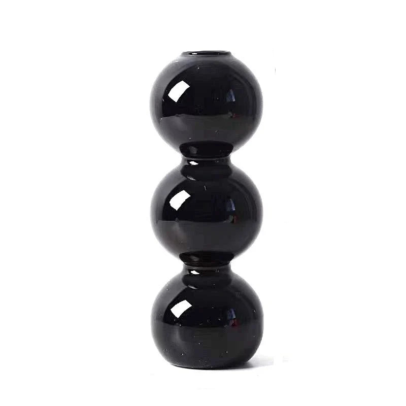 Black glossy ceramic nordic glass bubble vase with three stacked spheres for home desk decor and flower arrangement
