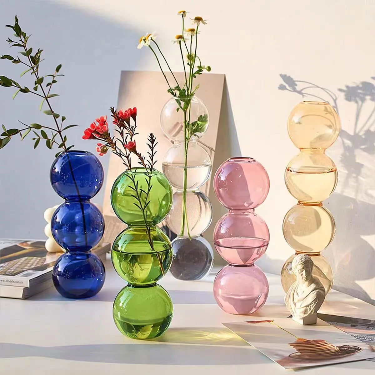 Colorful translucent nordic glass bubble vases in blue green pink and amber for hydroponic home desk decor