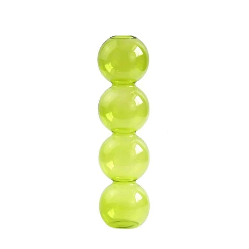 Translucent lime green nordic glass bubble vase with four stacked spheres for home desk decor and hydroponic planting