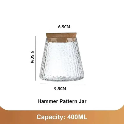 Nordic glass hydroponic vase with textured clear glass hammer pattern and natural wood lid for self-watering plants