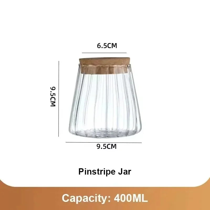 Nordic glass hydroponic vase clear ribbed glass jar with natural wood lid pinstripe jar 400ml for tabletop plants