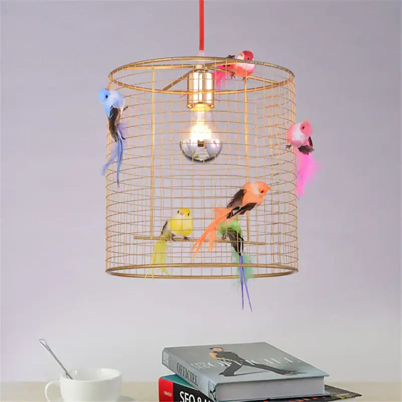 Nordic gold bird cage pendant lamp with colorful feathered birds for bedroom decorbites bird cage pendant lamp