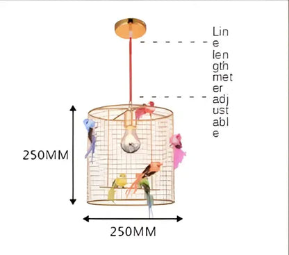 Nordic gold bird cage pendant lamp with gold-toned cylindrical light and colorful decorbites bird cage figures inside