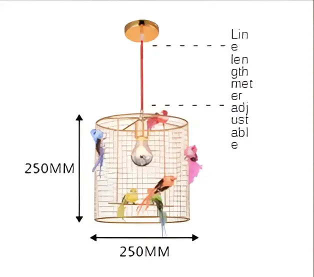 Nordic gold bird cage pendant lamp with gold-toned cylindrical light and colorful decorbites bird cage figures inside