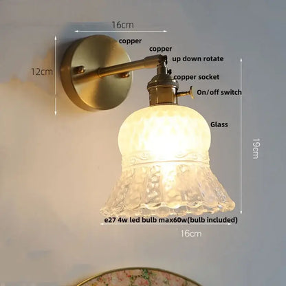 Copper-finished decorbites brass led wall sconce with textured frosted glass shade and adjustable arm for bedroom decor