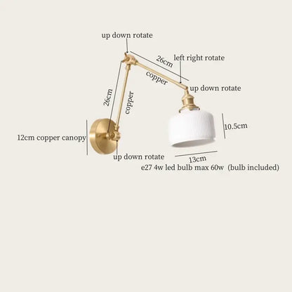 Copper wall lamp with white ribbed glass shade and adjustable arms from decorbites ceramic led wall collection