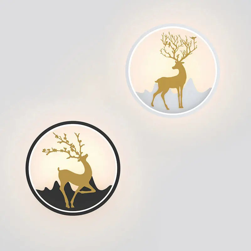 Nordic gold deer circle wall lamp with led fixture features golden deer silhouettes on a minimalist black white background
