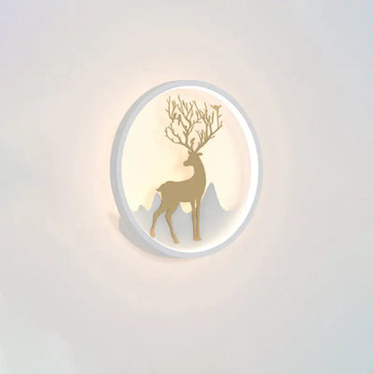 Nordic gold deer circle wall lamp with tree branch antler silhouette and softly glowing white led bulb included fixture