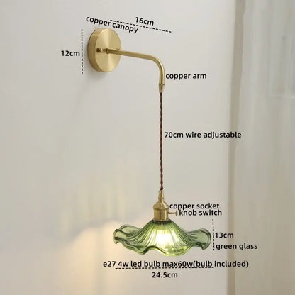 Vintage wall sconce lamp with brass copper arm, adjustable 70cm braided wire, and flared green glass shade for bedroom use