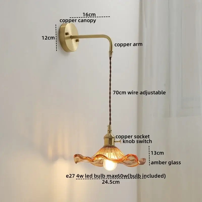 Vintage-style copper wall sconce lamp with amber wavy glass shade and integrated led bulb for bedroom lighting