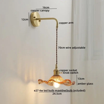 Vintage-style copper wall sconce lamp with amber wavy glass shade and integrated led bulb for bedroom lighting