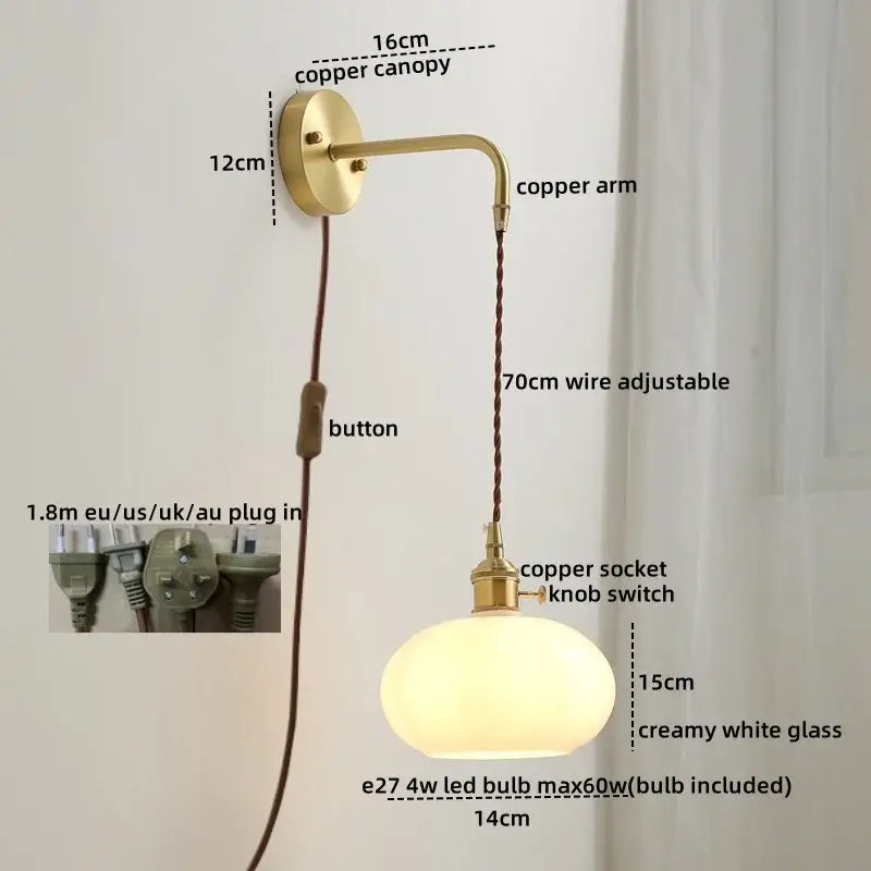 Vintage-style copper wall sconce lamp with creamy white glass shade and adjustable 70cm braided cord for bedroom use