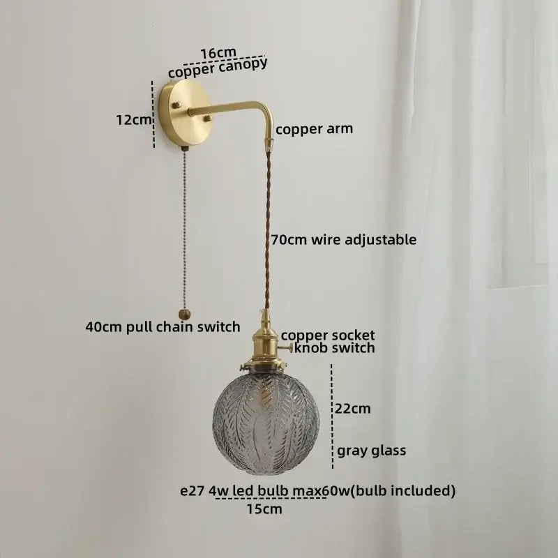 Nordic gold etched glass wall sconce lamp with brass copper arm and textured gray globe with adjustable braided cord
