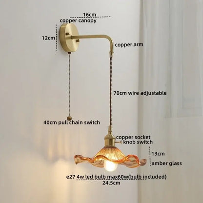 Antique brass copper wall sconce lamp with wavy amber glass shade and 70cm adjustable braided cord for bedroom use