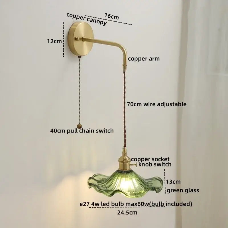 Vintage style wall sconce lamp with brass copper canopy and green ruffled glass shade with adjustable braided cord