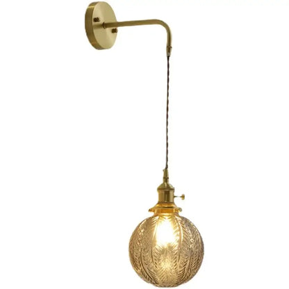 Nordic gold brass wall sconce lamp with etched glass globe and adjustable arm for bedroom lighting with braided cord