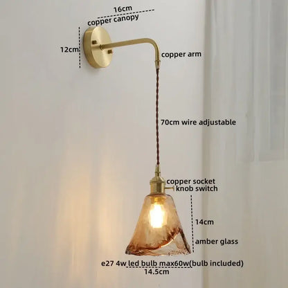 Nordic gold etched glass wall sconce lamp with warm amber pendant, brass copper arm, adjustable wire, and braided cord